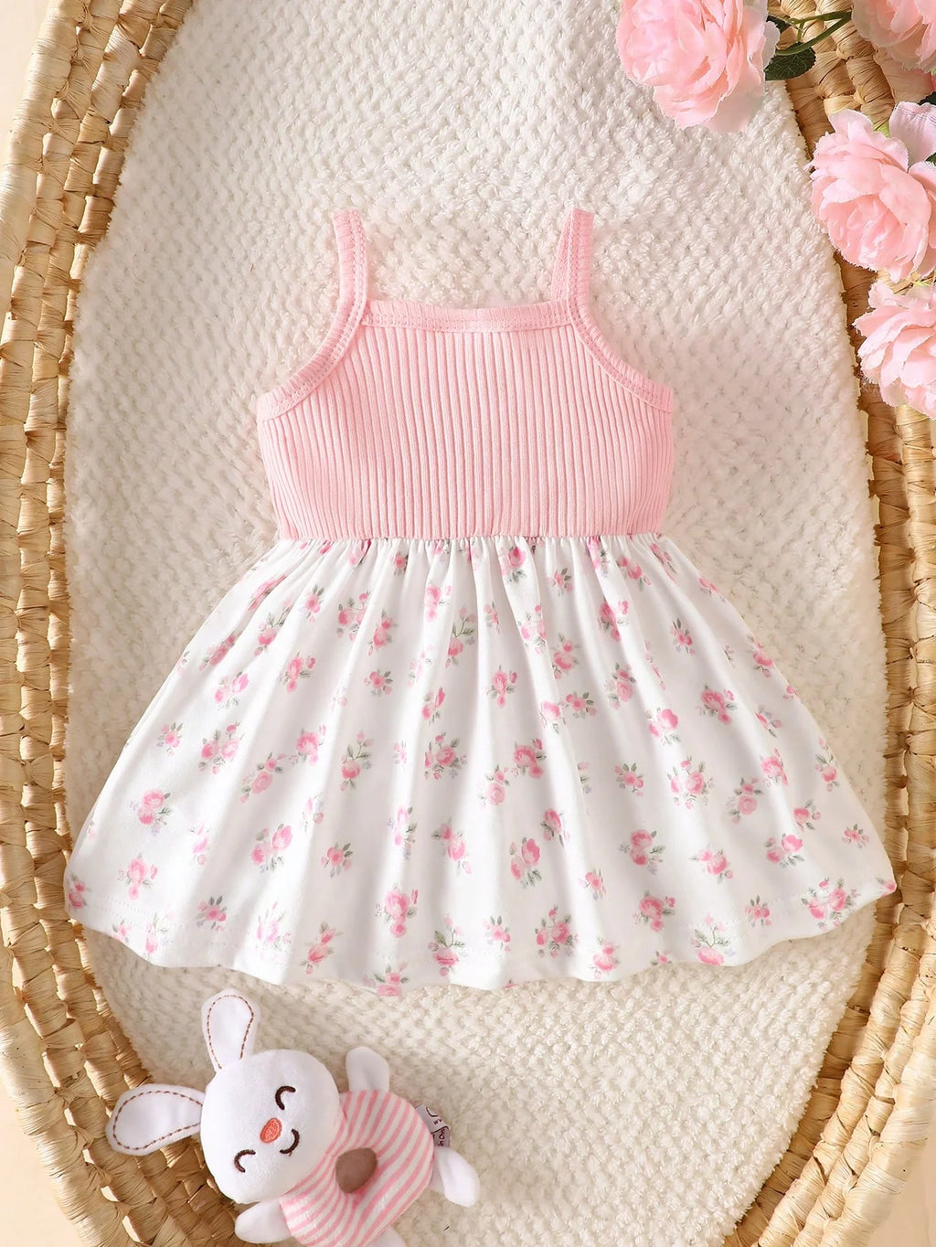 Summer newborn baby girl pink bow splicing small floral suspender dress fabric comfortable, cute, sweet and simple
