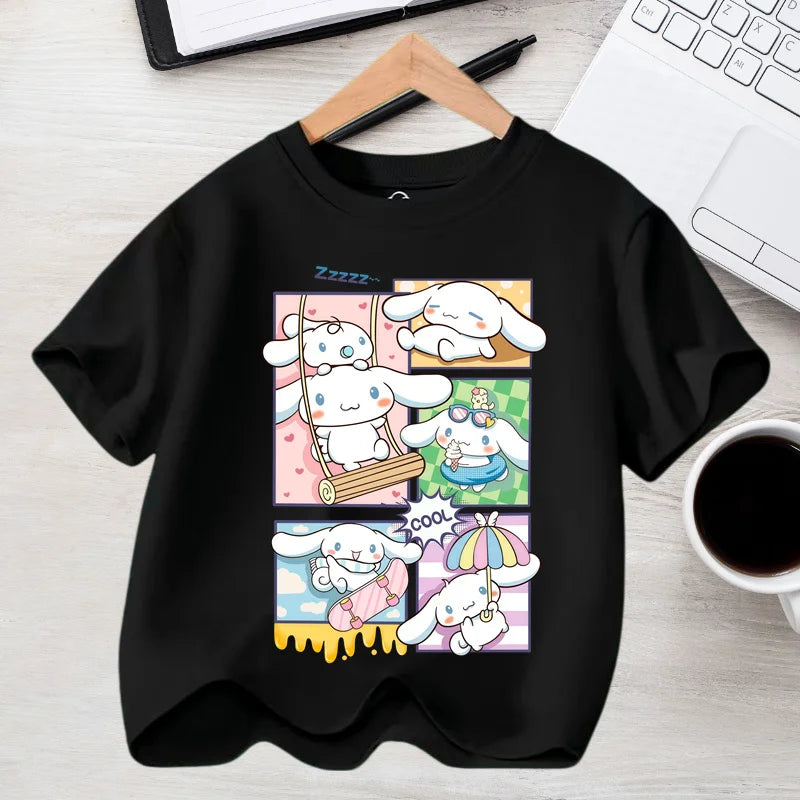 2026 Summer Casual Clothes Kawaii Gift Cute Cinnamoroll Girl T-shirt Cotton Anime Print Tee Shirt Kids Short Sleeve Streetwear