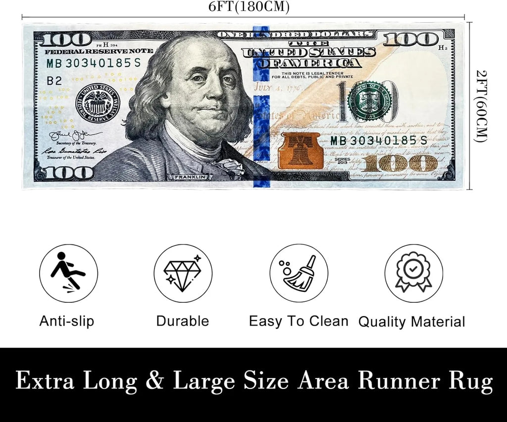 100 Bill USA Money Throw Accent Area Rug Large Floor Carpets Mat Non Slip Washable Runner Carpet for Entryway Hallway Laundry Bathroom Kitchen Bedroom Living Room
