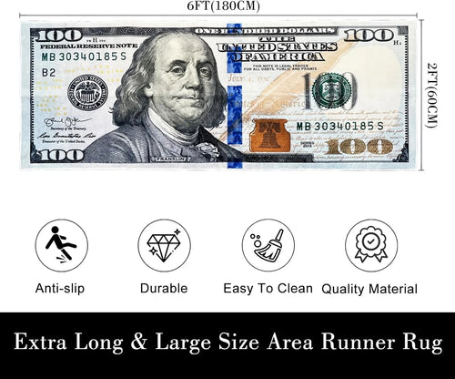 100 Bill USA Money Throw Accent Area Rug Large Floor Carpets Mat Non Slip Washable Runner Carpet for Entryway Hallway Laundry Bathroom Kitchen Bedroom Living Room