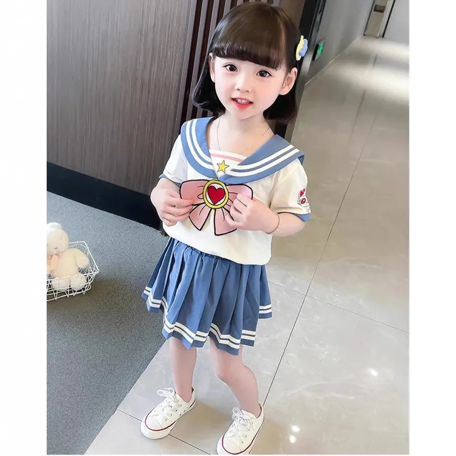 Baby Girls Clothes Sets Summer Bow Striped Tops Pleated Skirts Suits Cute Sailor Moon Cosplay Party Custume Children Clothes Set