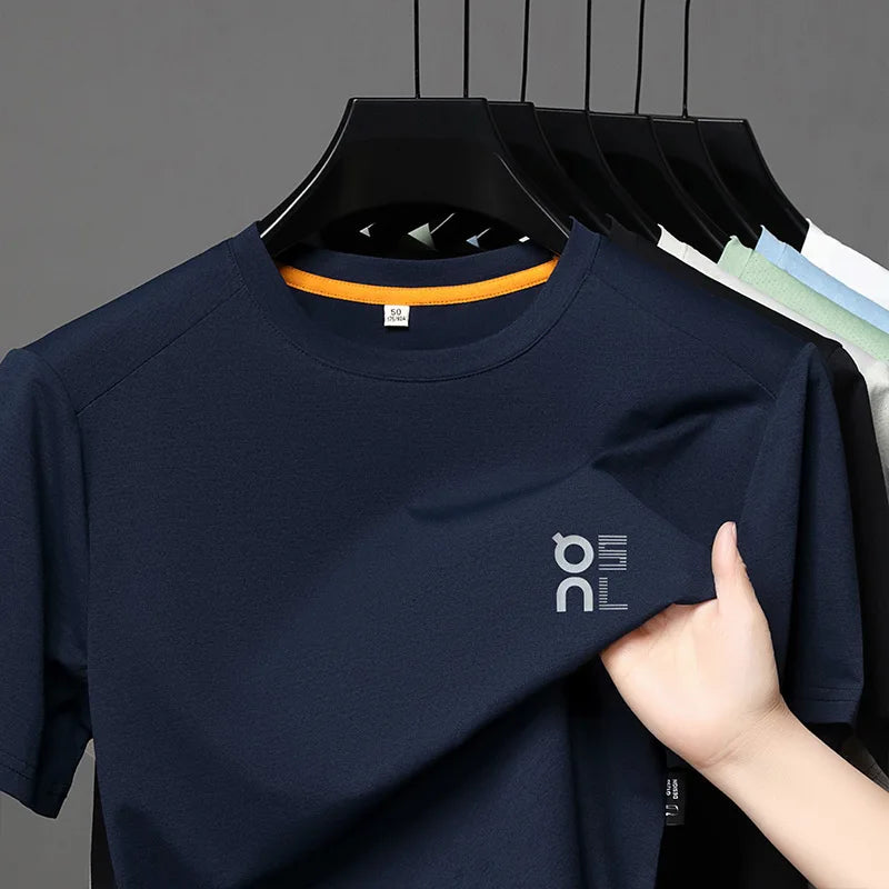 High end brand ice silk short sleeve summer breathable comfort quick drying men's T-shirt fashion printed casual round neck top