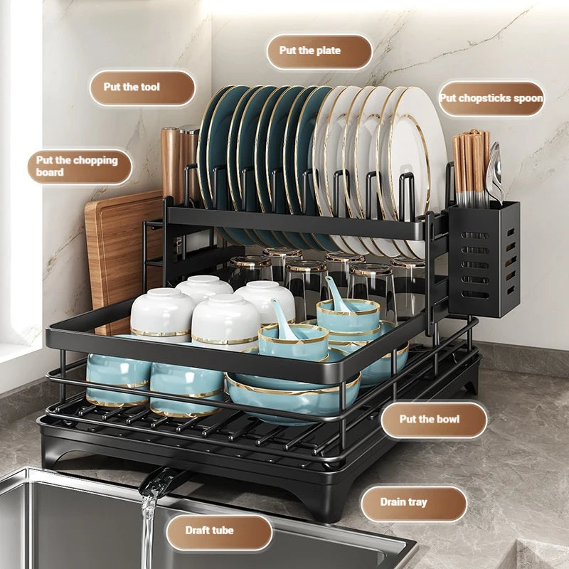 Adjustable Stainless Steel Dish Drying Rack with Drainboard - Over The Sink Plate Organizer, Kitchen Storage & Drainer