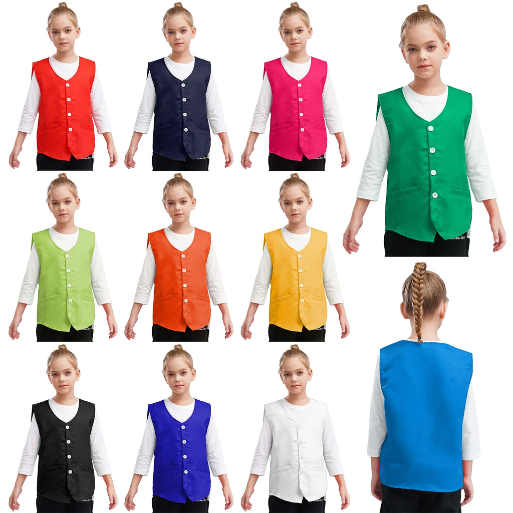 Kids Boys Girls Button Volunteer Vest Solid Color V Neck Sleeveless Waistcoat Volunteers School Camp Activities Uniform