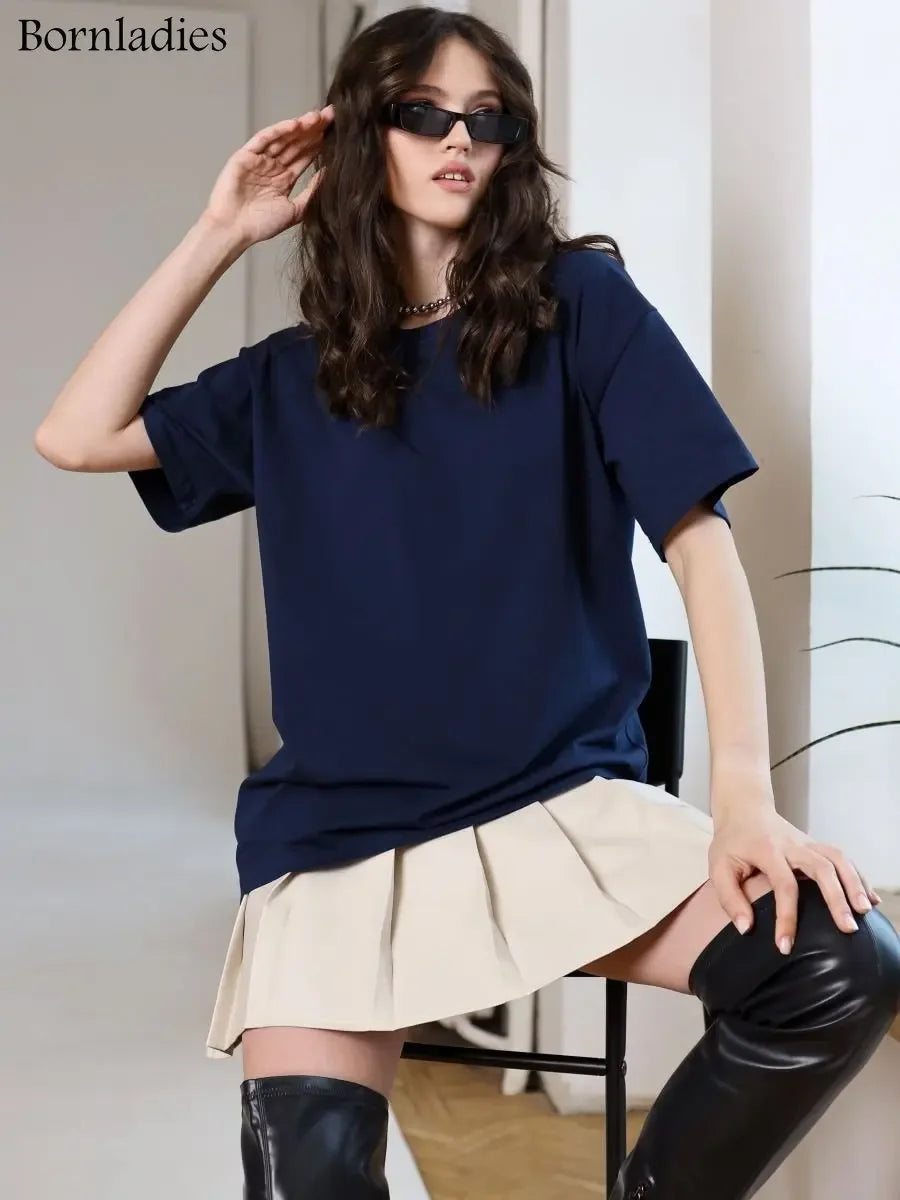 Bornladies 2025 Women's Summer 100% Cotton T-shirt Bottoming Basic Fashionable Solid Lady Short Sleeve Loose Tops Shirts
