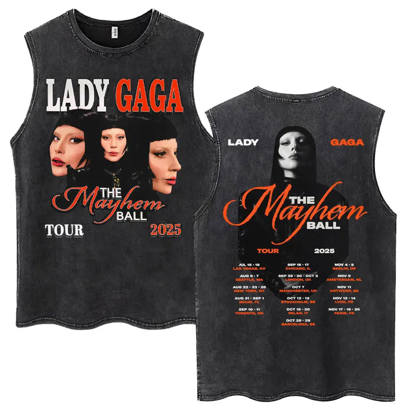 Lady Gaga The Mayhem Ball Tour 2025 Washed Tank Tops Fashion Men Women Vintage Y2K Sleeveless T Shirt 100% Cotton Oversized Tees