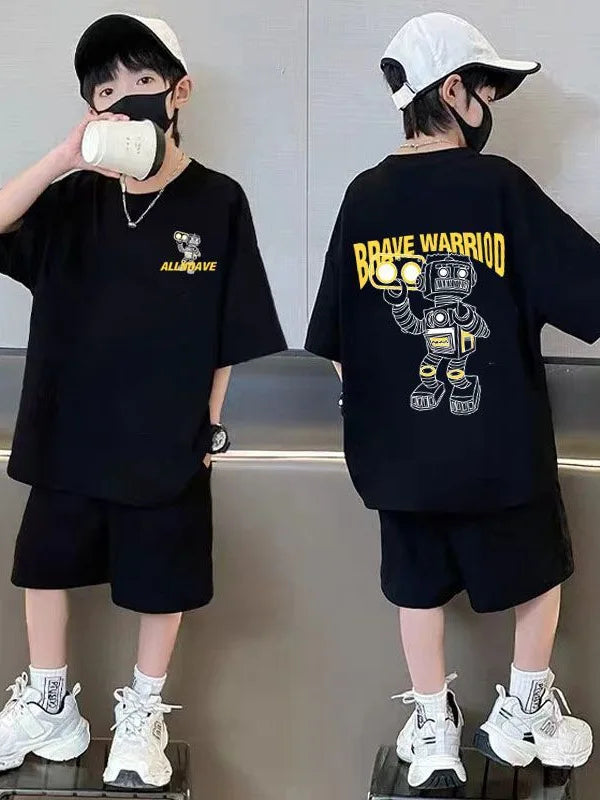 2026 Summer Children's Robot Fashion Short sleeved Top+Sports Shorts Casual Cotton Comfort Set