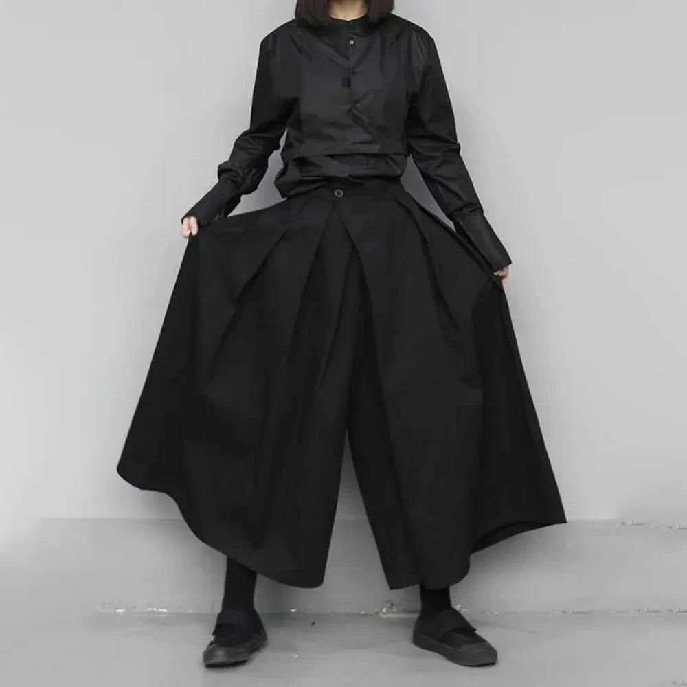 2024 New Fashion Trend Gothic Loose Casual Culottes Men'S Japanese Wide-Leg Pants Street Wear Dark Black Trousers Mens Clothes