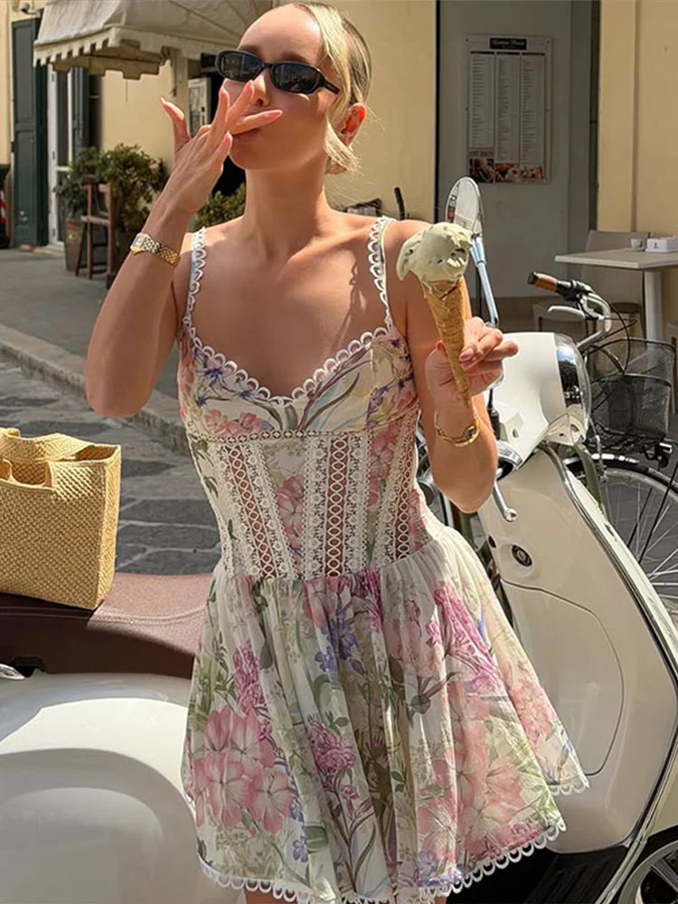 Floral Print Women's Dress Elegant Spaghetti Strap Lace Trim Hollow Out Flowy A Line Dress Lady 2026 Summer New Woman Vestidos