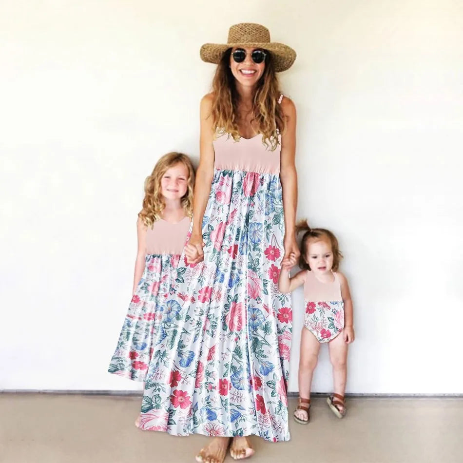 Clothing Europe United States parent-child color matching dress color flower print extreme-bottom short-sleeved skirt floral