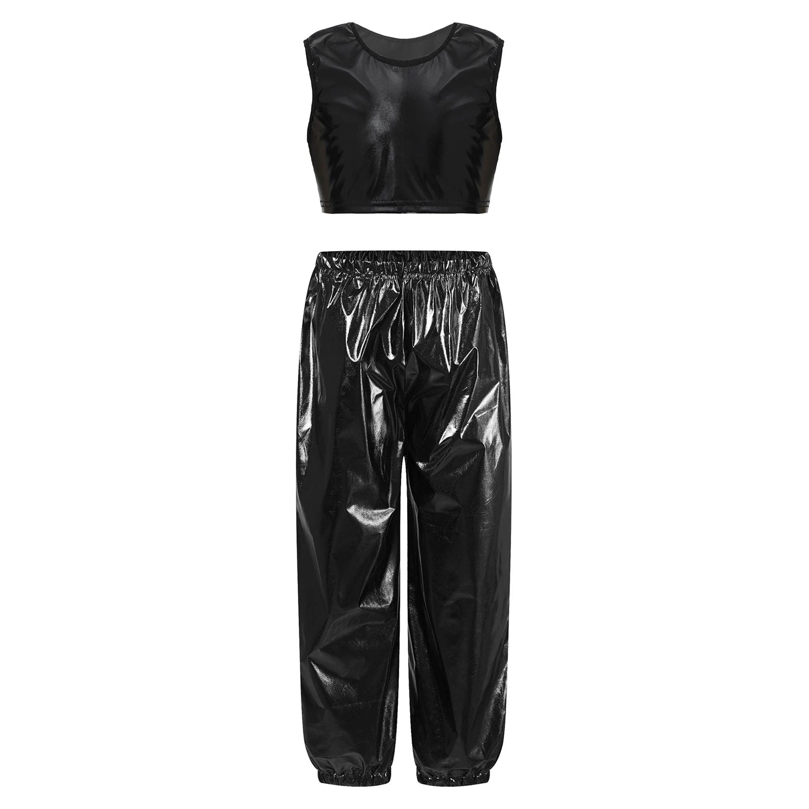 Kids Girls Boys Fashion Clothes Set Metallic Shiny T-shirt with Pants Suit for Jazz Hip Hop Street Dance Performance Costume