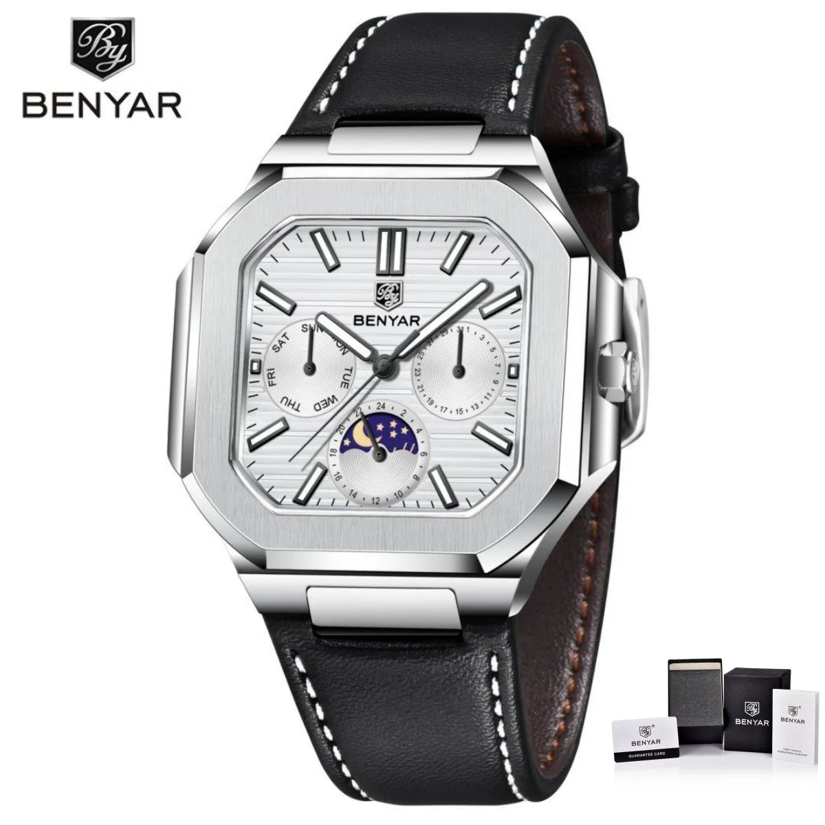 BENYAR Mens Square Watch 37mm Quartz Wristwatch Moon Phase Date Week 24 Hours Display Steel / Leather Strap Waterproof Luminous