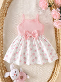 Summer newborn baby girl pink bow splicing small floral suspender dress fabric comfortable, cute, sweet and simple