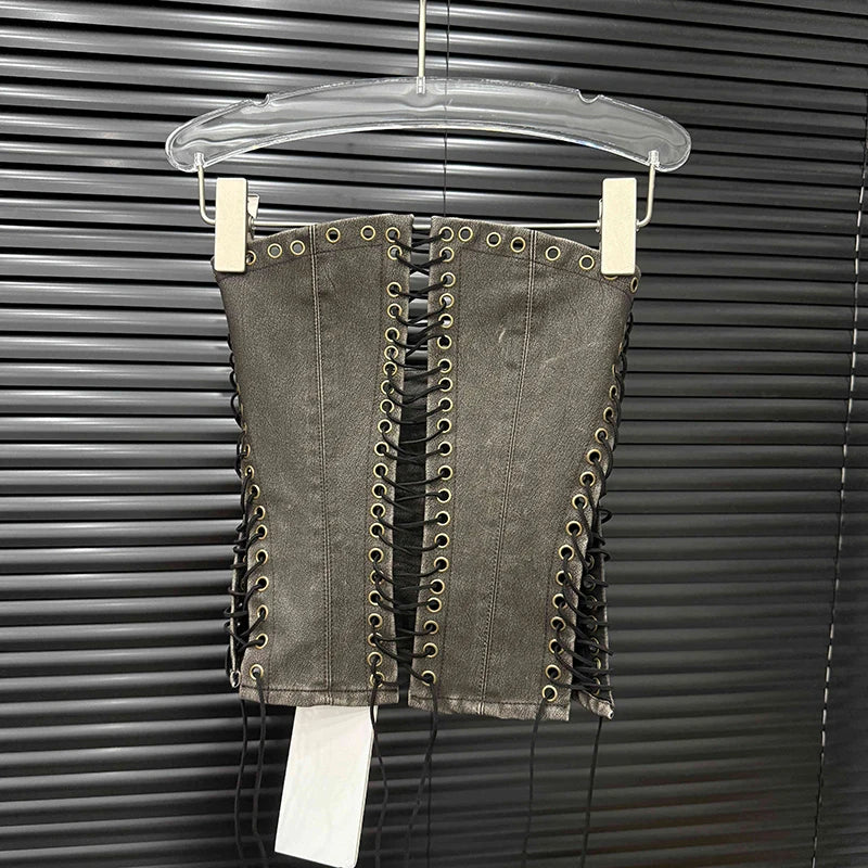 DEAT Fashion Vintage Bandage Design Hollow Out PU Short Strapless Vest For Women Outwear High Street Tank Tops Female 11A04791