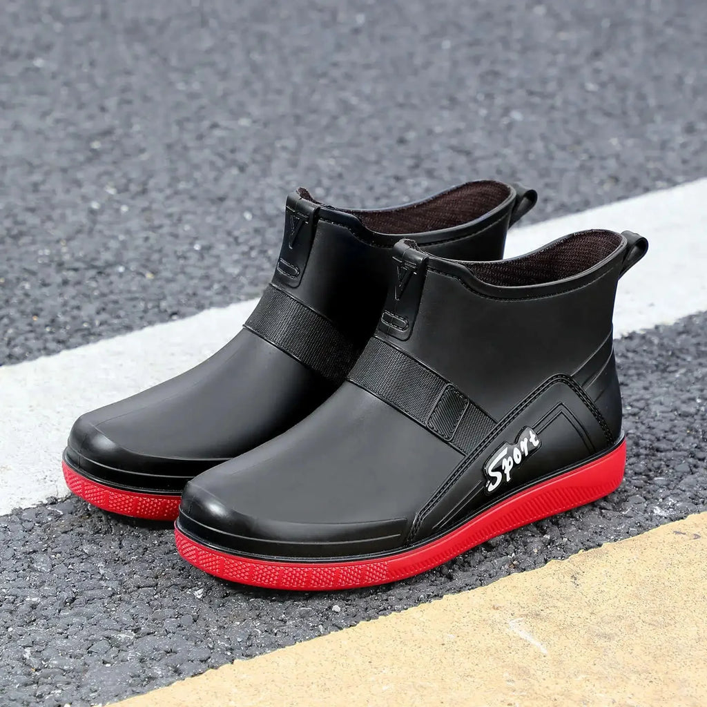 Men's Mid-Calf Waterproof Rain Boots Reflective Strip Security Flood Control Slip-On Shoe Camping Adventure Water Shoe