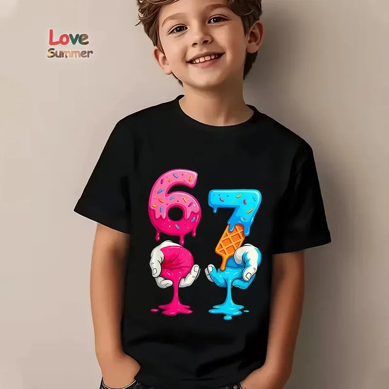 Boys T Shirts 6 To 7 Years T-Shirt 67 Number Print Casual Italian Brainrot Summer Top Suitable for Funny Gift for Casual Attire