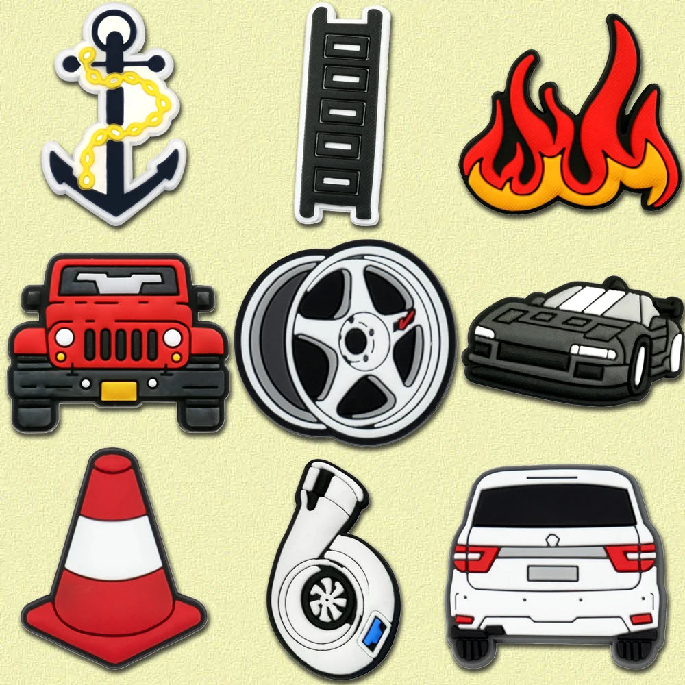 1/9pcs Cruel Jeep Sports Car Shoe Charms for Boys Kids Gift Turbine Hub Shoe Decoration Accessories  Ship's Anchor Pin Clog