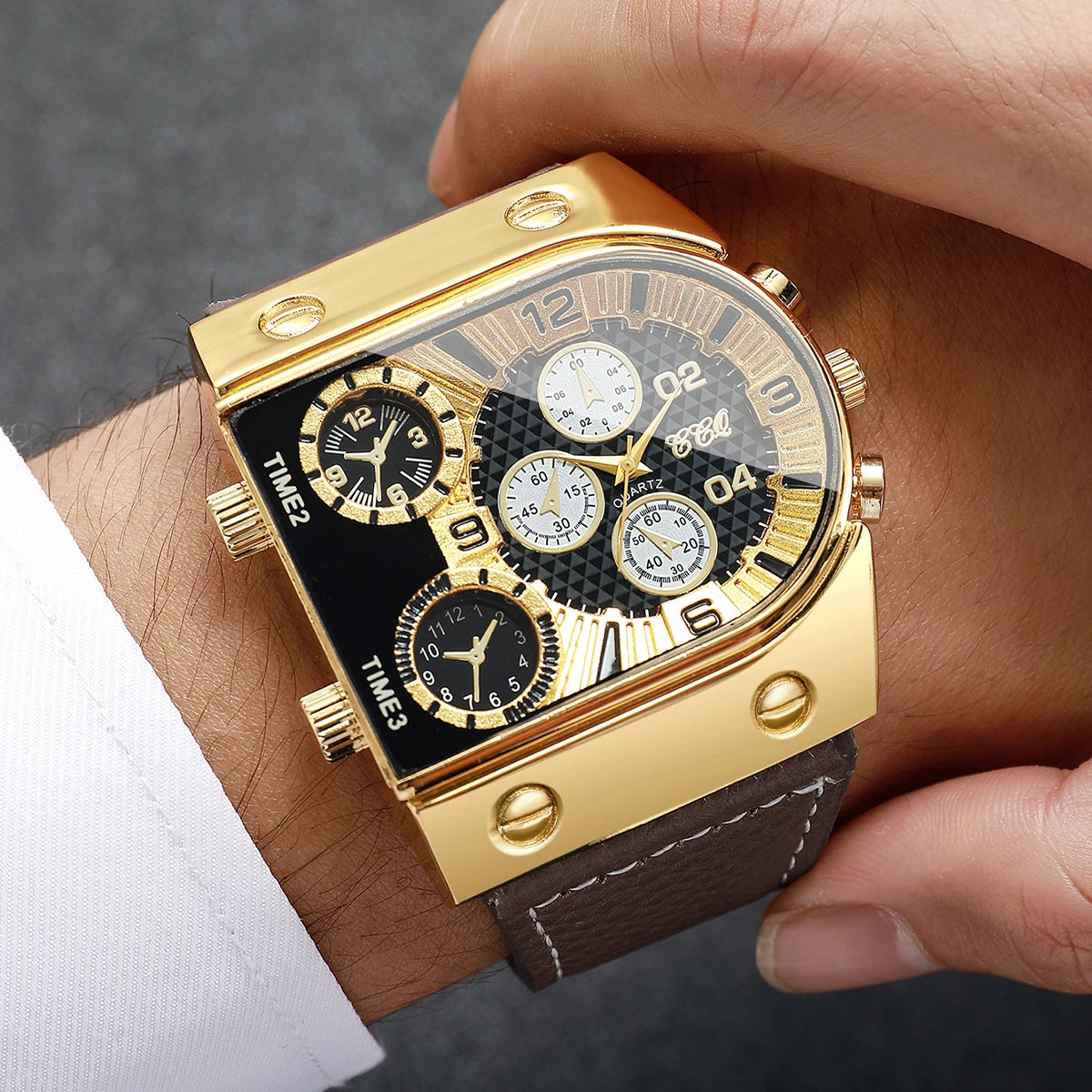Luxury Square Decorative Five-eyes Dial Men Business Watch Casual Oversized Leather Strap Quartz Sports Wristwatch (Without Box)