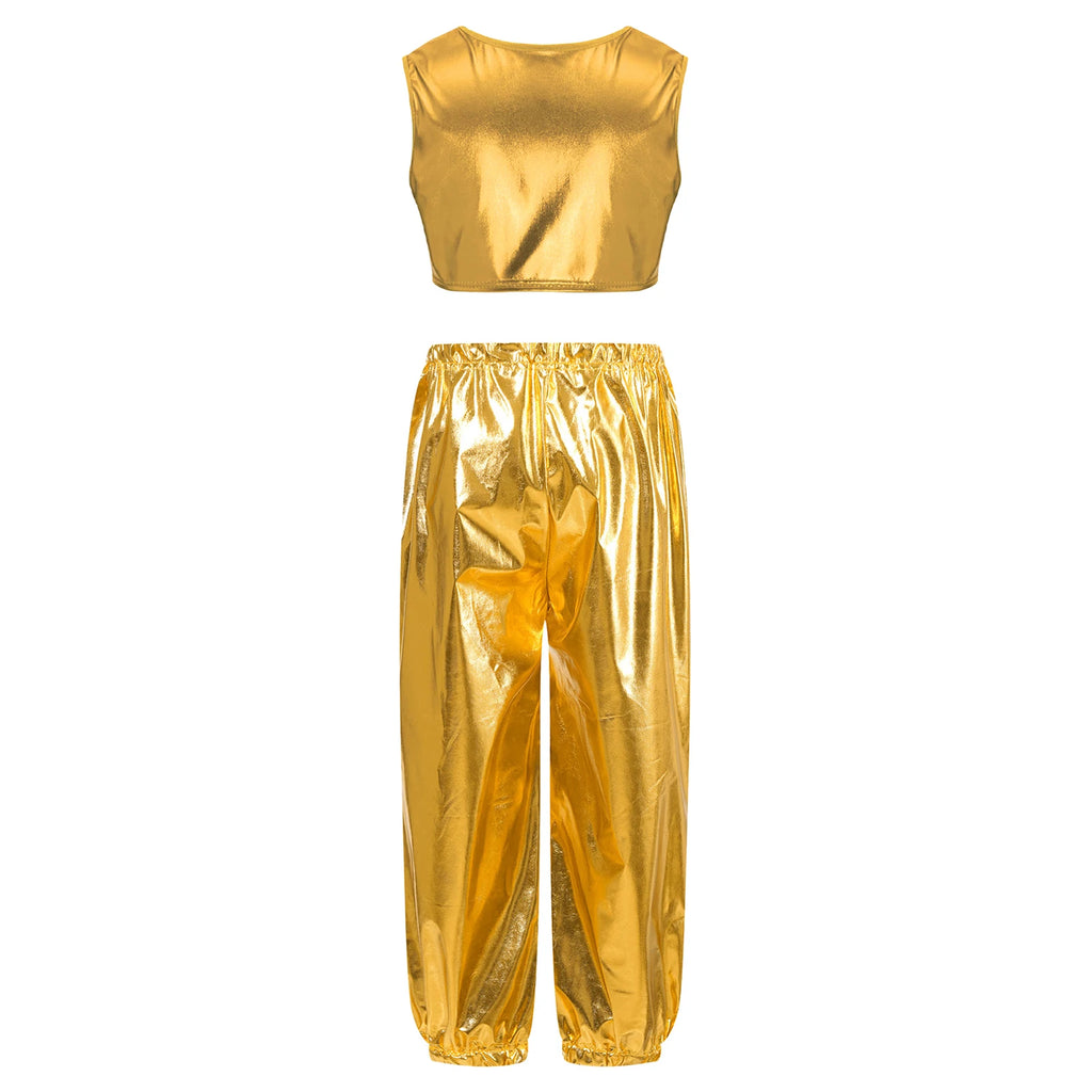 Kids Girls Boys Fashion Clothes Set Metallic Shiny T-shirt with Pants Suit for Jazz Hip Hop Street Dance Performance Costume