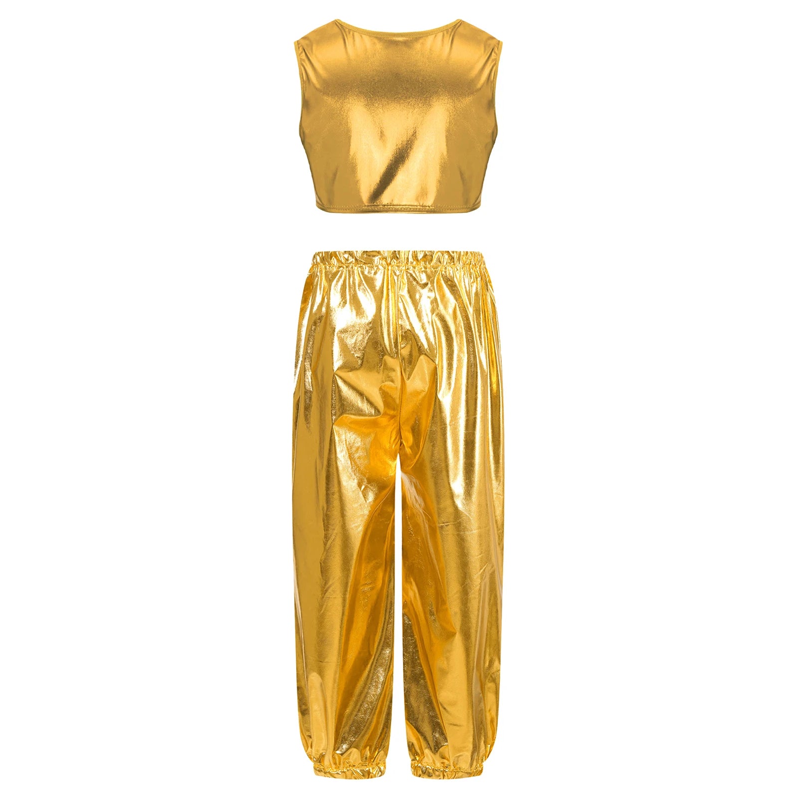 Kids Girls Boys Fashion Clothes Set Metallic Shiny T-shirt with Pants Suit for Jazz Hip Hop Street Dance Performance Costume