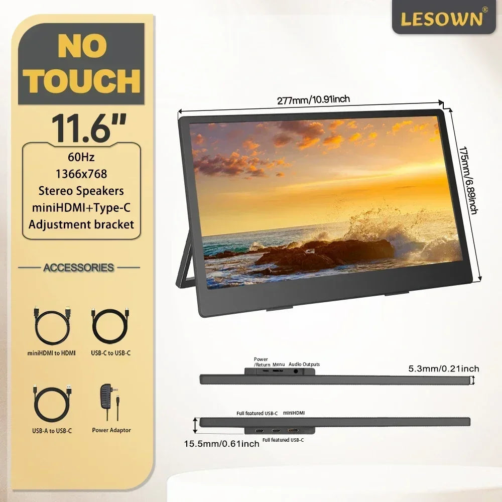LESOWN 11.6 14 16 inch 4K Portable Monitor 2.5K 120Hz Wide Screen USB-C Display with Holder for Laptop Phone Xbox PS4 PS5 Switch