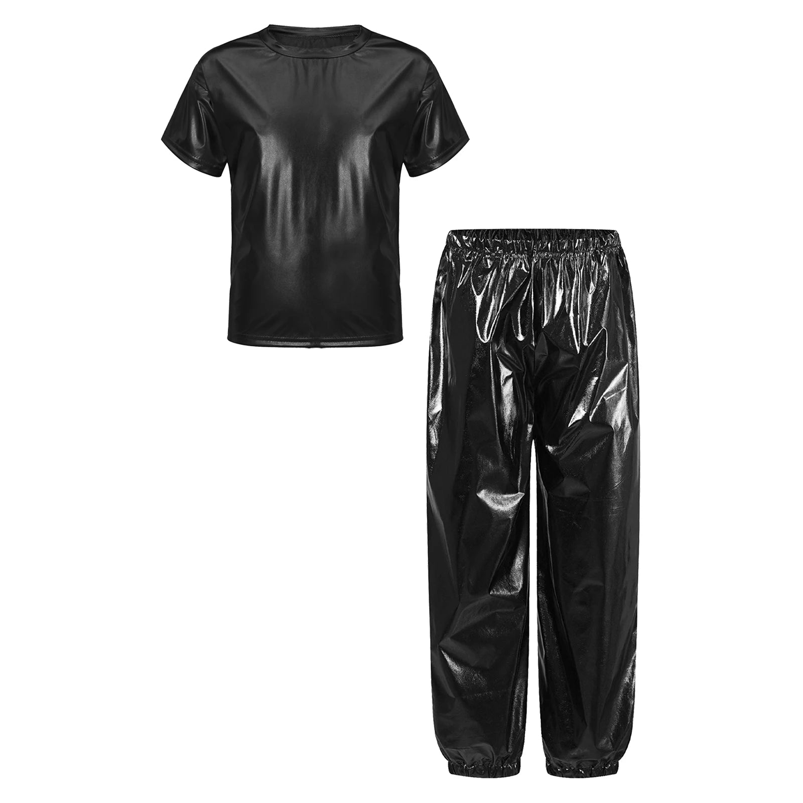Kids Girls Boys Fashion Clothes Set Metallic Shiny T-shirt with Pants Suit for Jazz Hip Hop Street Dance Performance Costume