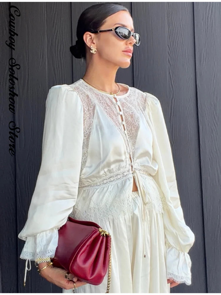 Casual Lace Spliced Pants Set Summer Women's Suit Elegant Round Neck Waist Cinching Blouse New Street Evening 2 Pieces Outfits