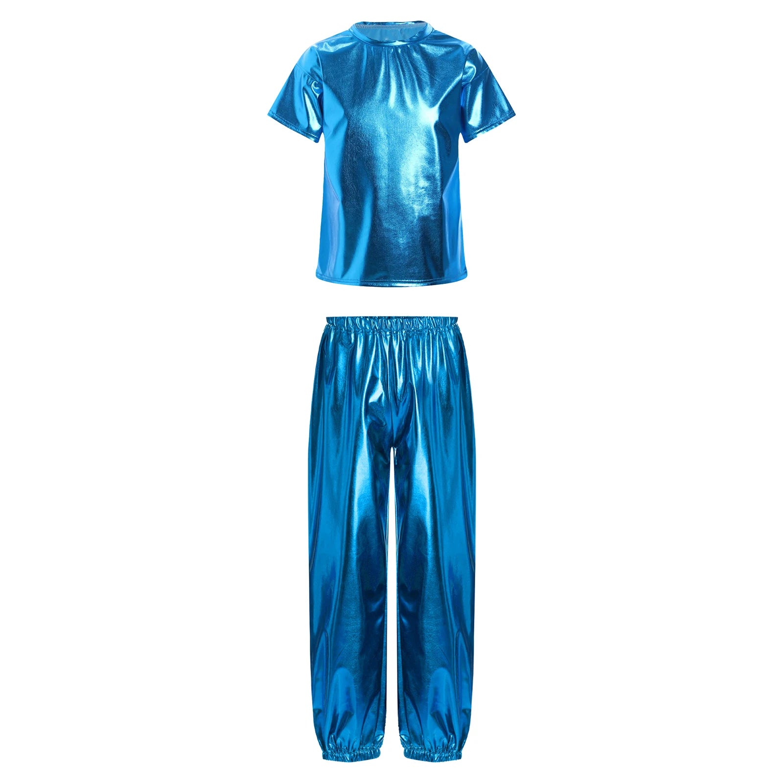 Kids Girls Boys Fashion Clothes Set Metallic Shiny T-shirt with Pants Suit for Jazz Hip Hop Street Dance Performance Costume