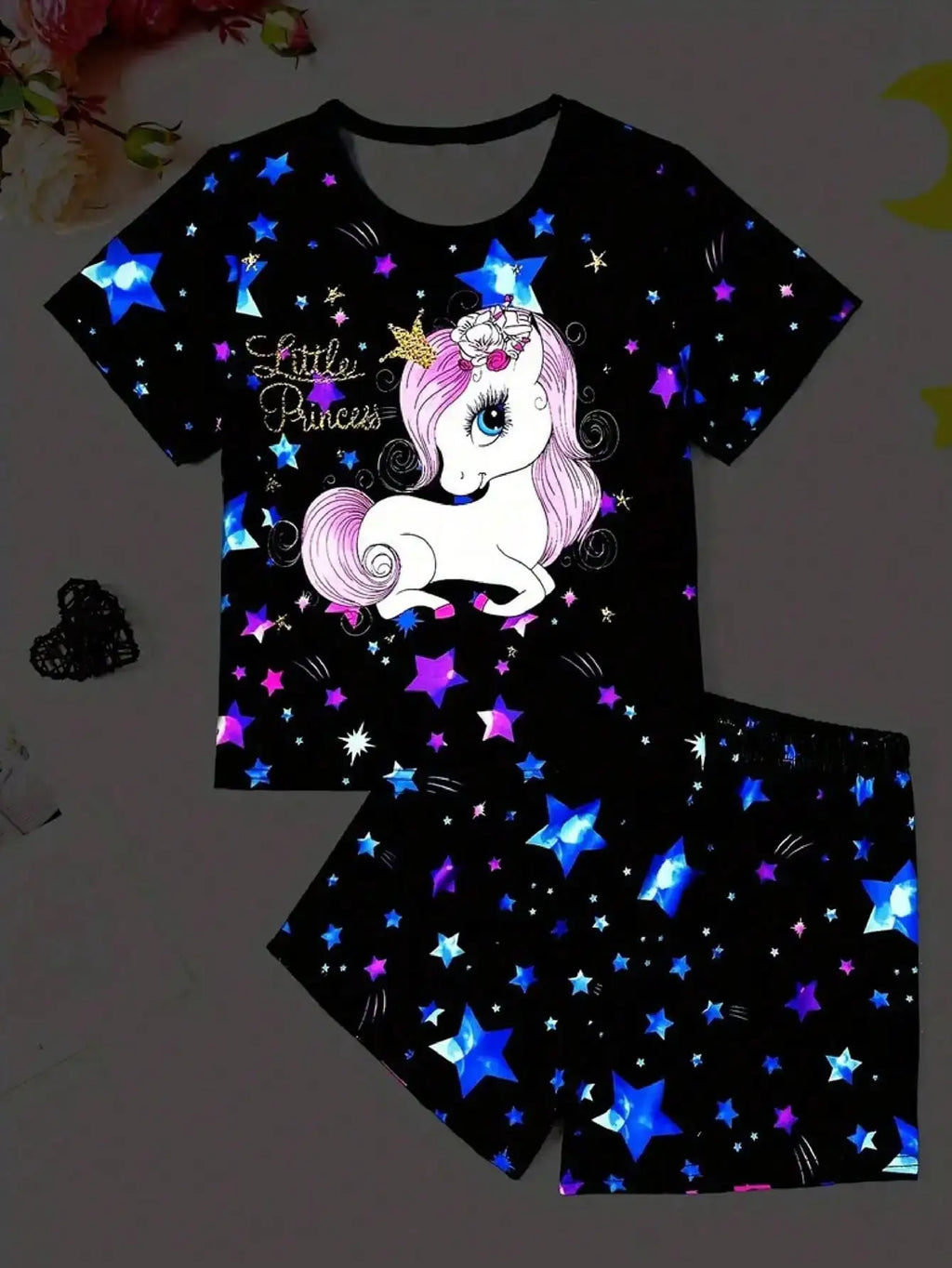 2026 Girls' Summer Home Leisure Two Piece Set, Pony Star Printed Round Neck Short Sleeve Top+Star Printed Wide Leg Shorts Set