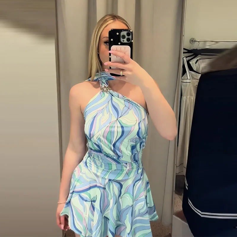 Print Women Dress Backless Mini Dress Halter High Waist Dresses Flared Skirt Hem Waist Shaping Slimming Casual Trendy Street Sty