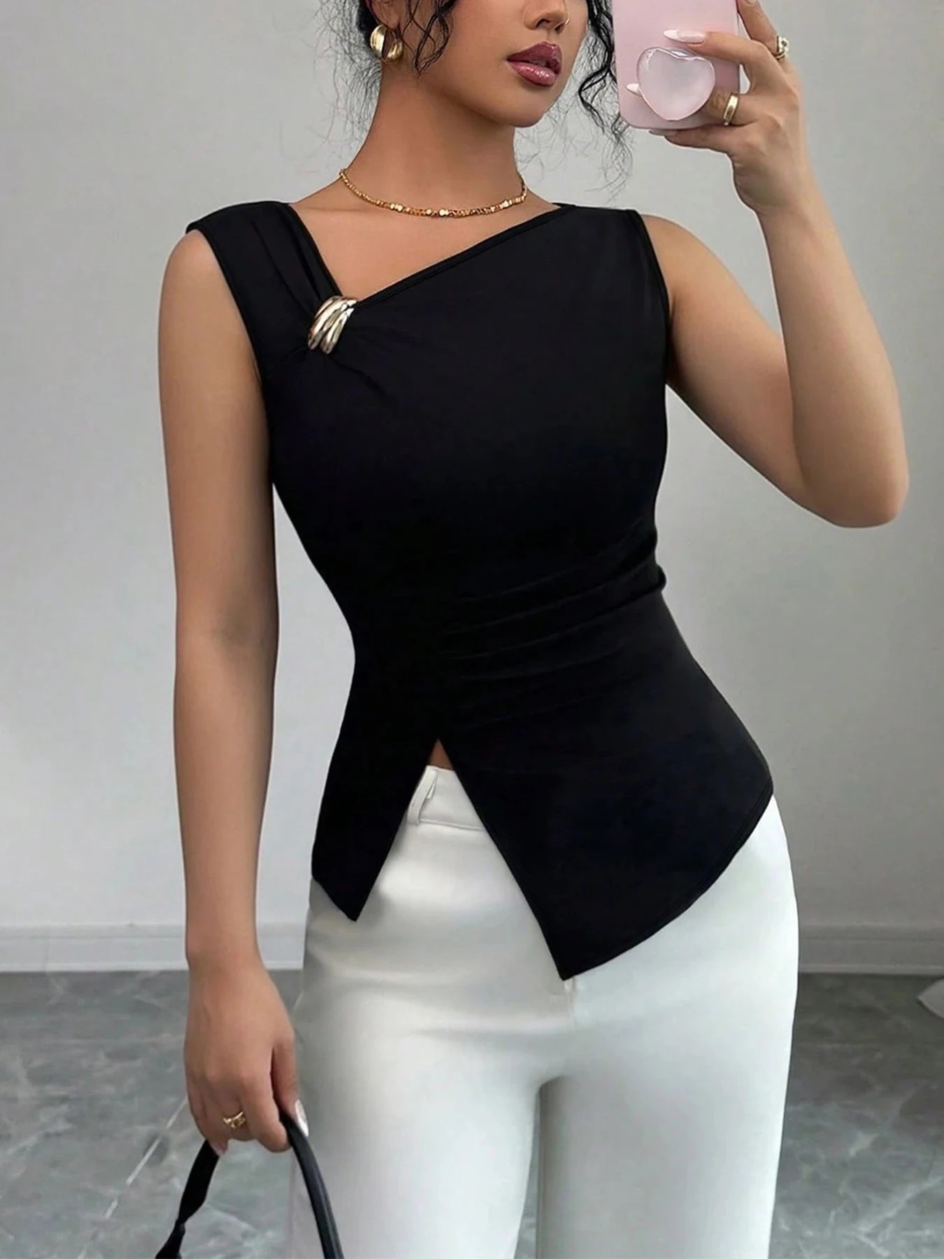 Womens Tank Top Asymmetric Ruched Split Decor Tank Top Ruched Blouse Fitted Elegant Chic Apparel Tops Spring Summer Daily Shirts